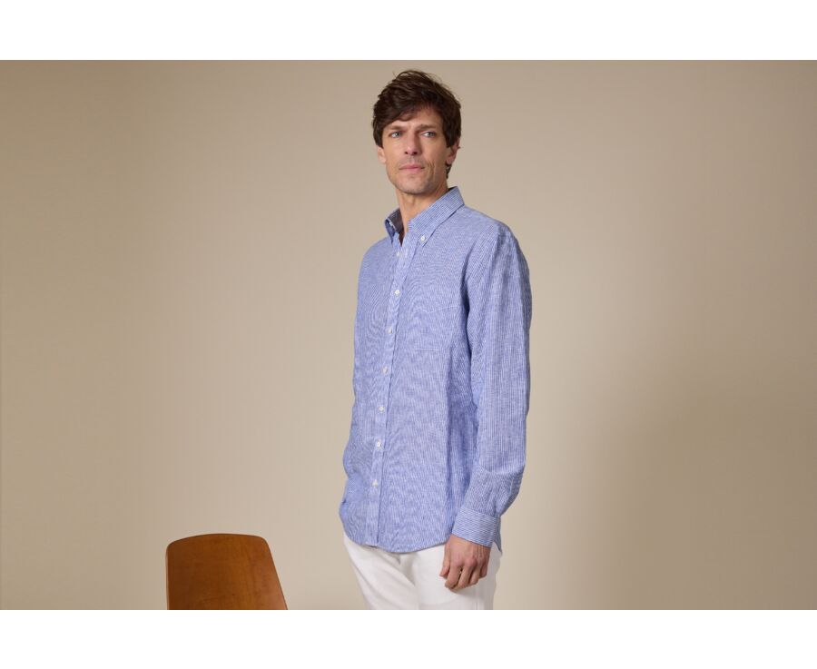 Blue Chambray & White trim long sleeve cotton linen shirt - COLTEN