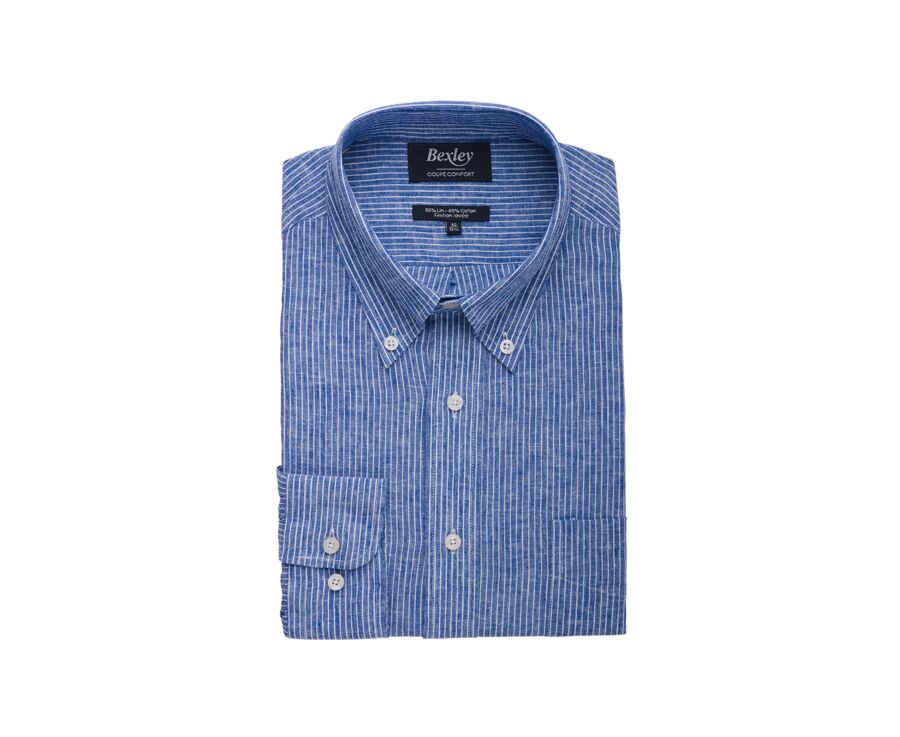 Blue Chambray & White trim long sleeve cotton linen shirt - COLTEN
