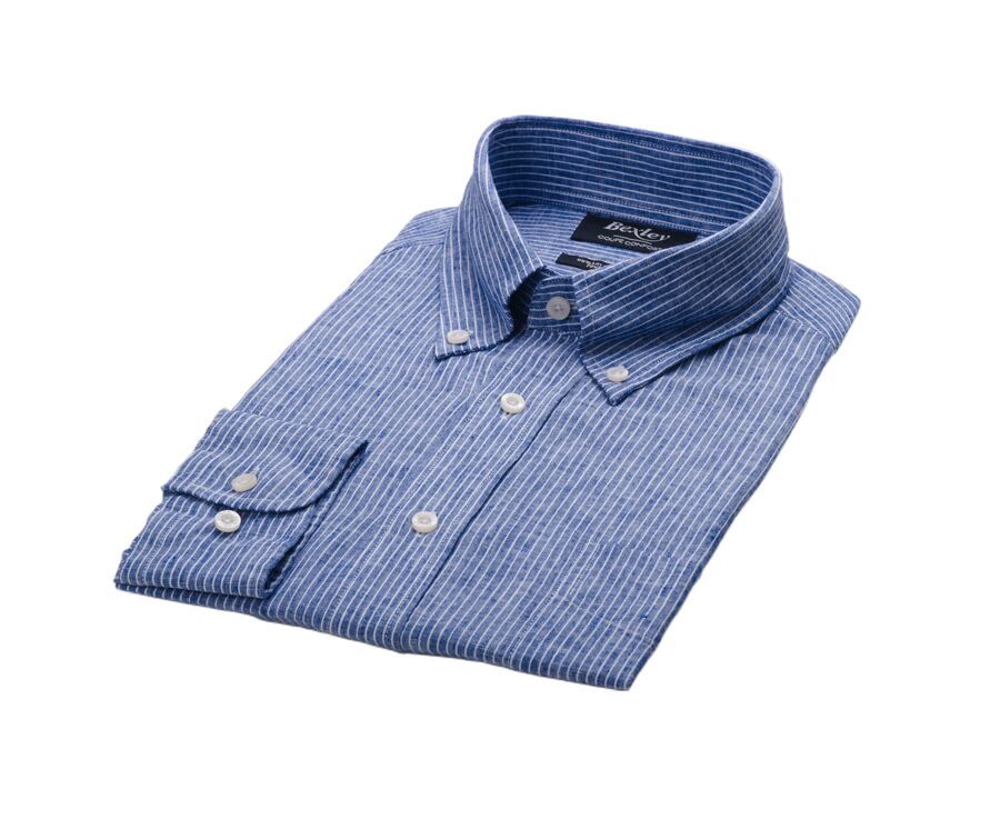 Blue Chambray & White trim long sleeve cotton linen shirt - COLTEN