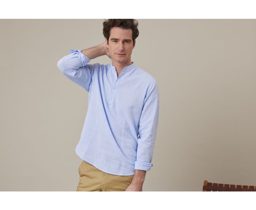 Blue Chambray stripes cotton lien tunic shirt - VALBERT