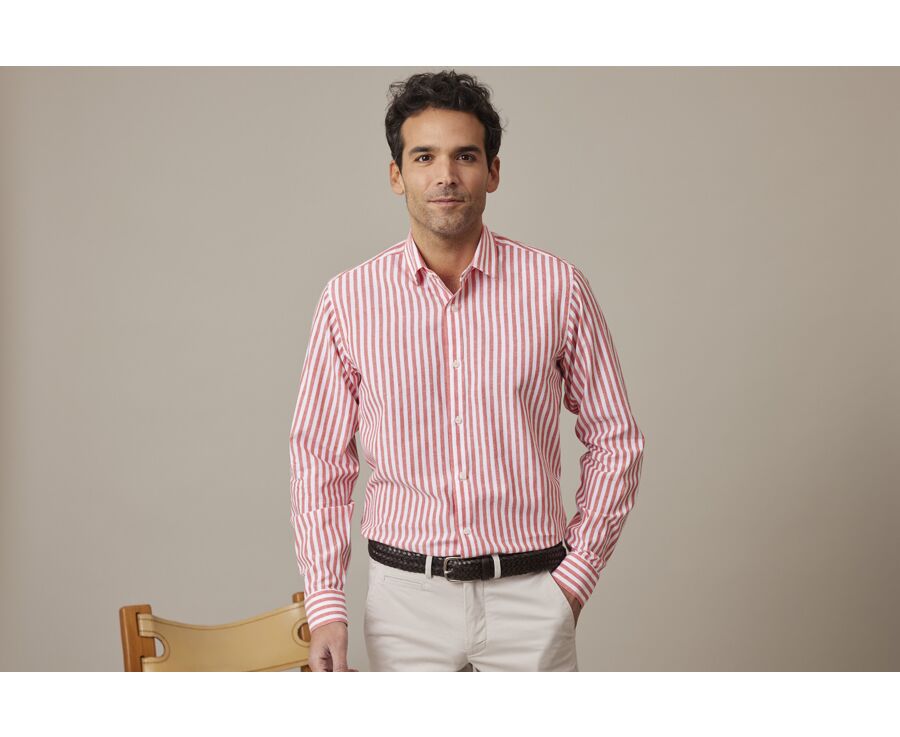 Coral & White striped cotton linen shirt - SIMONIN