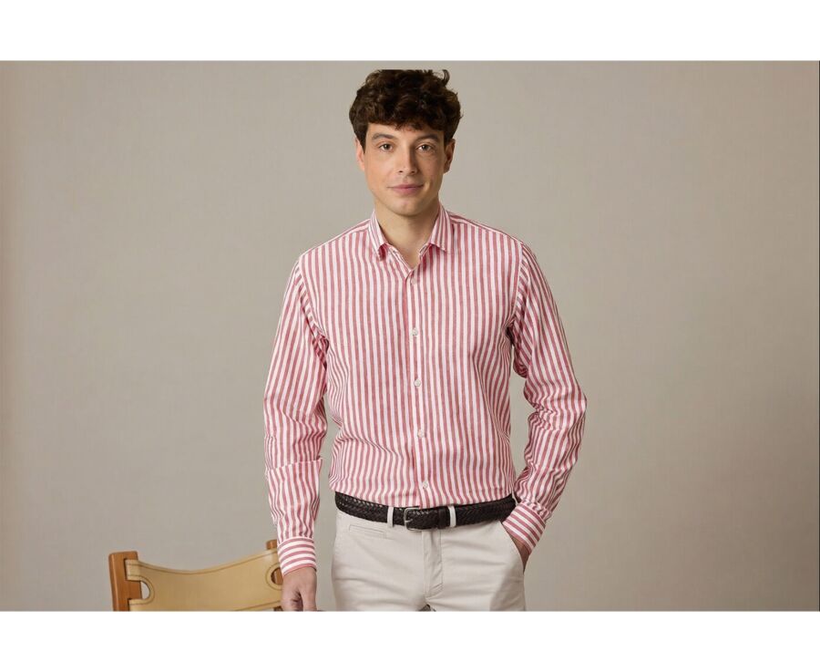 Coral & White striped cotton linen shirt - SIMONIN