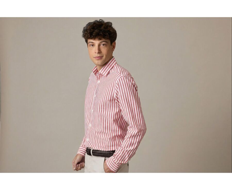 Coral & White striped cotton linen shirt - SIMONIN