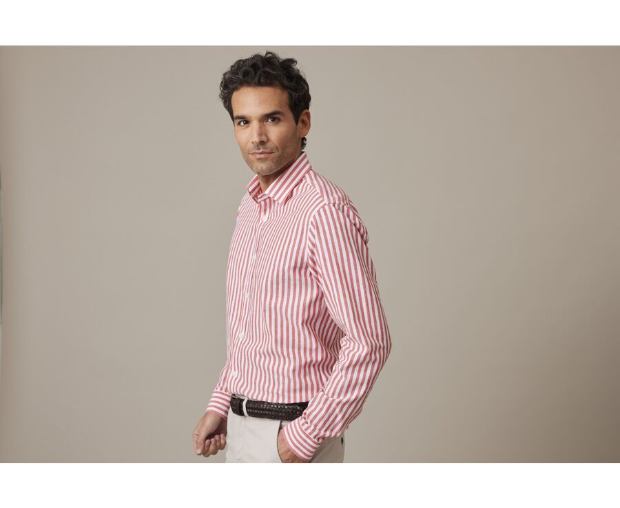 Coral & White striped cotton linen shirt - SIMONIN