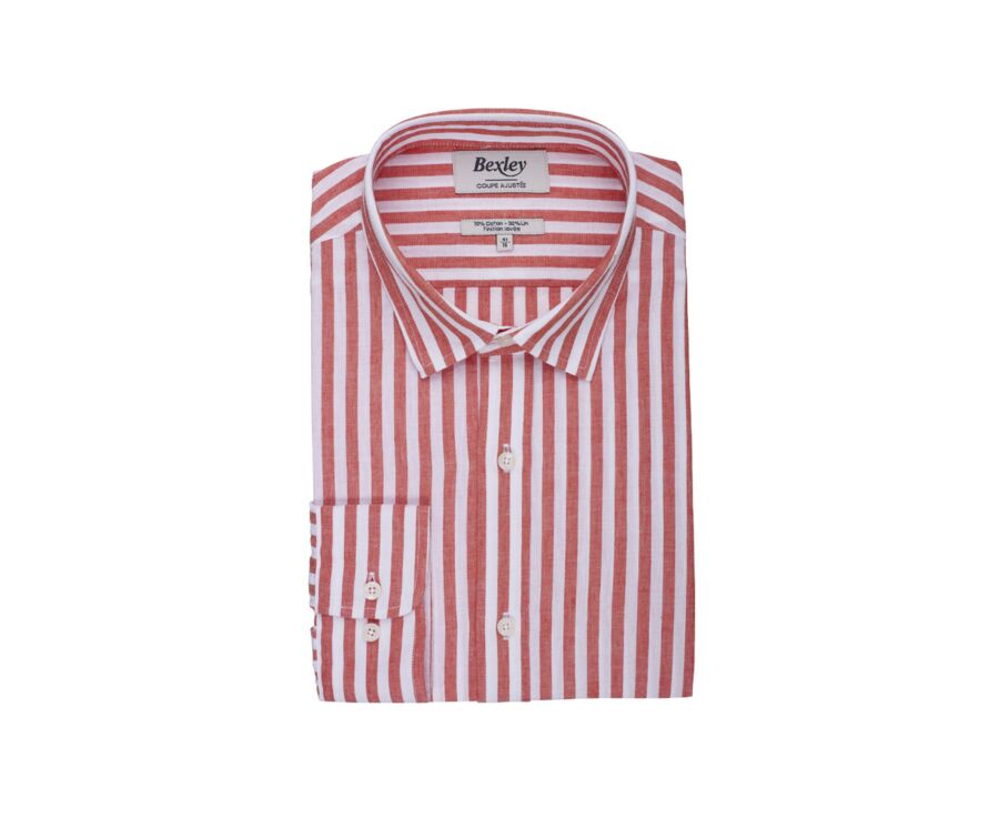 Coral & White striped cotton linen shirt - SIMONIN