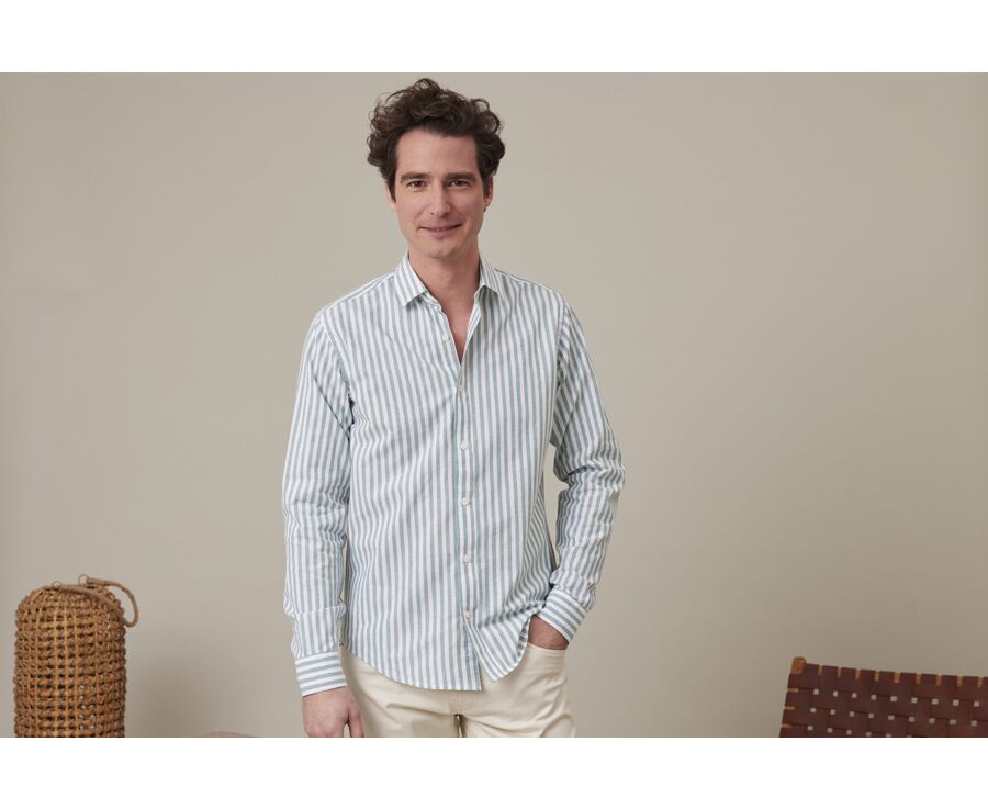 Green & White striped cotton linen shirt - SIMONIN