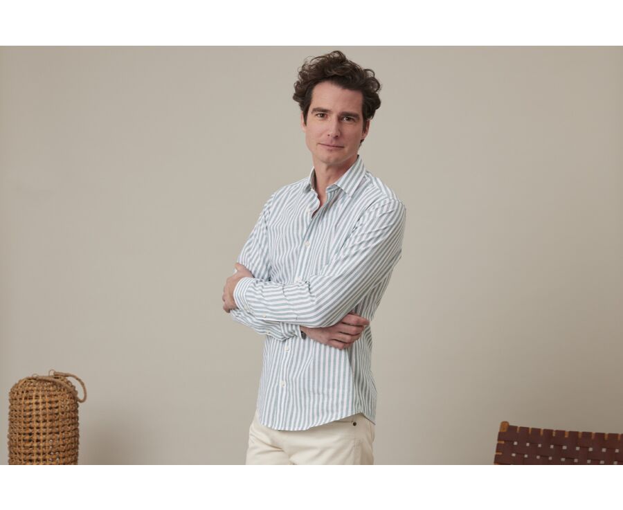 Green & White striped cotton linen shirt - SIMONIN