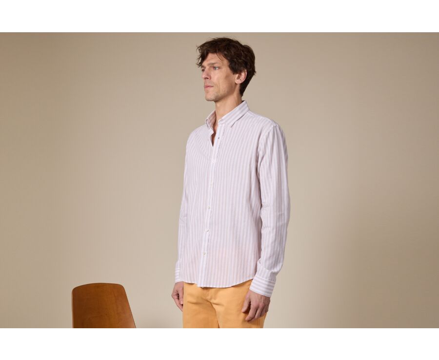 Light Beige and White Cotton Linen Shirt - French Collar - SIMONIN