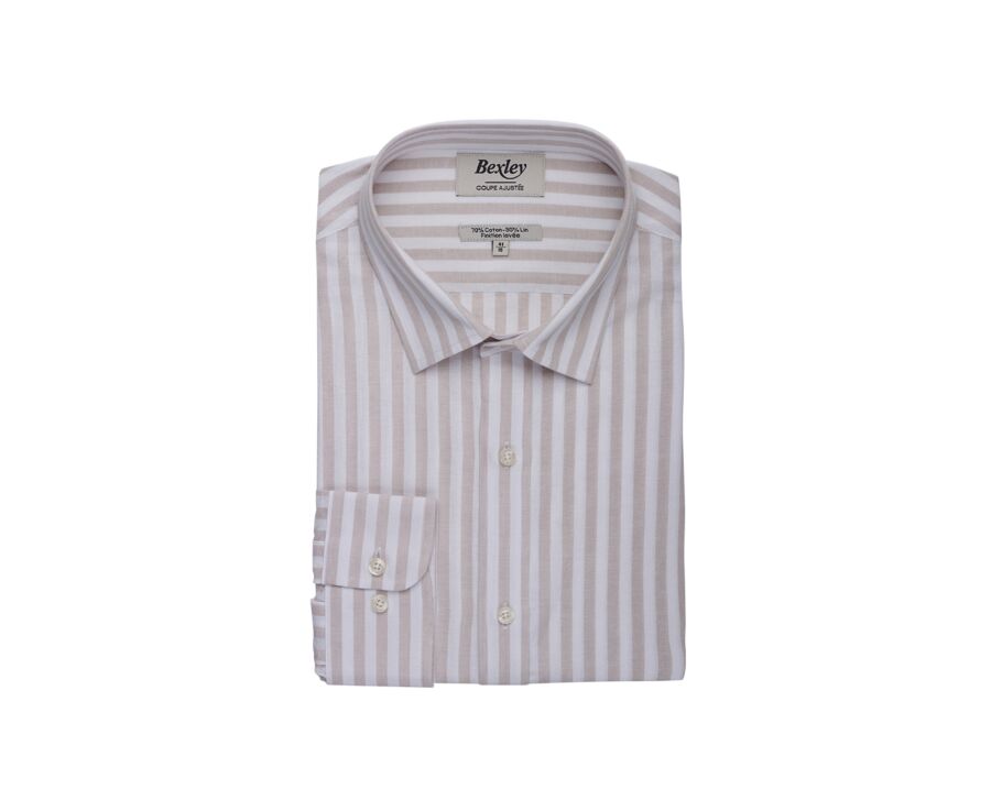 Light Beige and White Cotton Linen Shirt - French Collar - SIMONIN