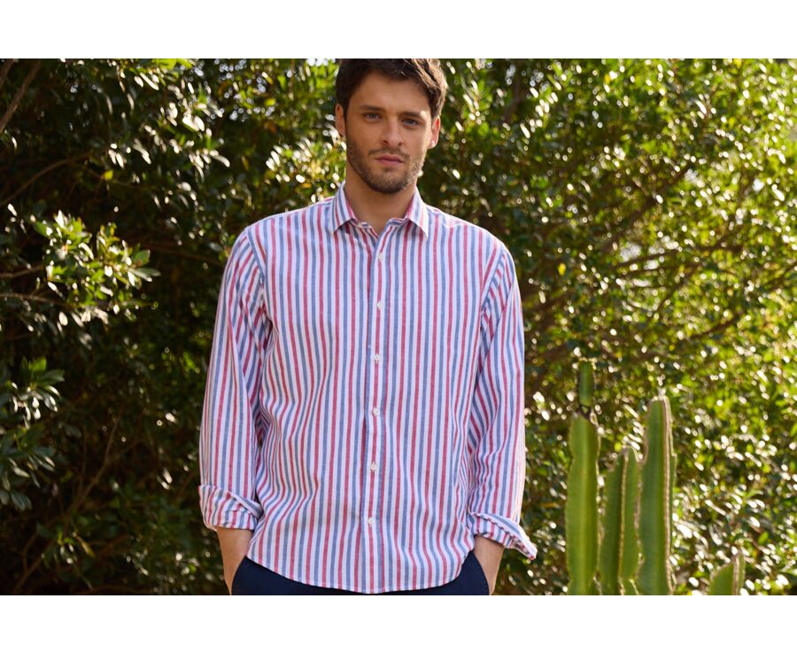 Vintage Blue Red & White striped cotton linen shirt - SIMONIN