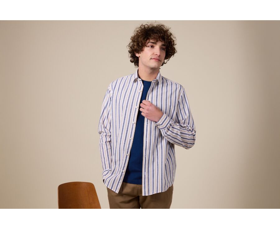 Navy and Dark Beige Cotton Linen Shirt - French Collar - SIMONIN