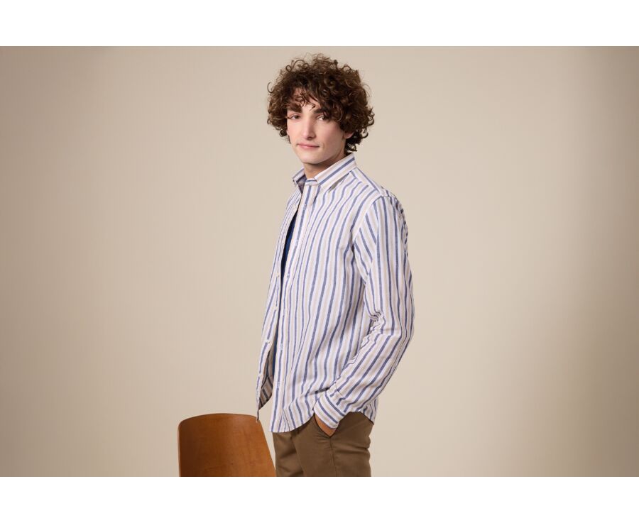 Navy and Dark Beige Cotton Linen Shirt - French Collar - SIMONIN