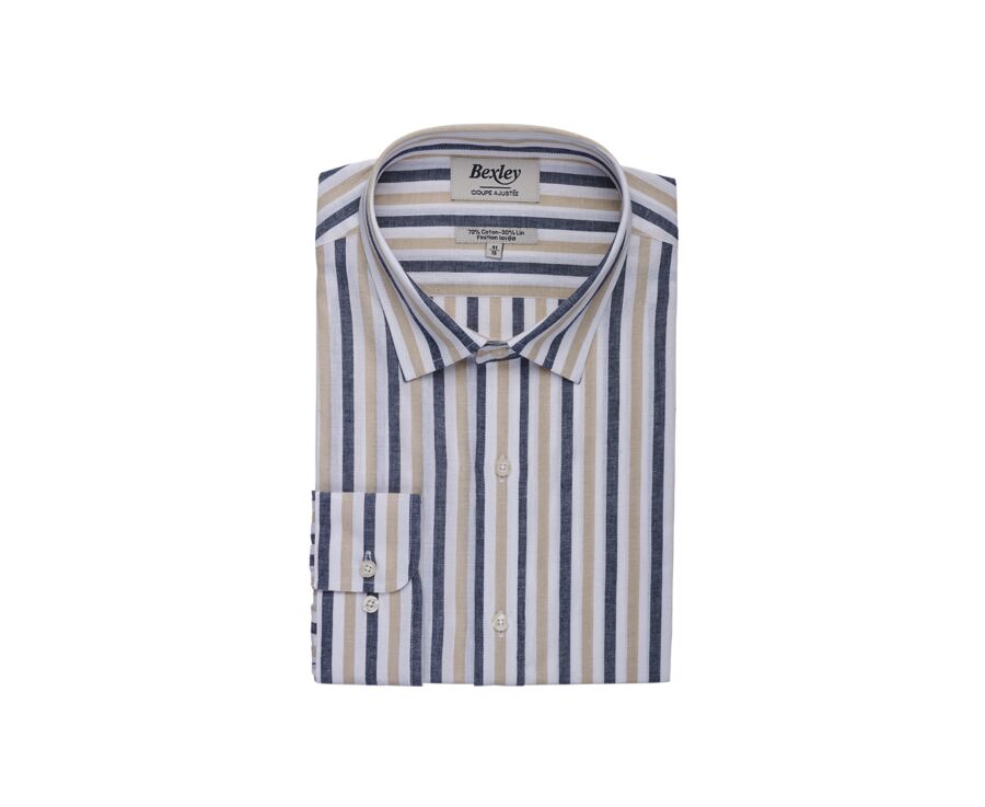 Navy and Dark Beige Cotton Linen Shirt - French Collar - SIMONIN