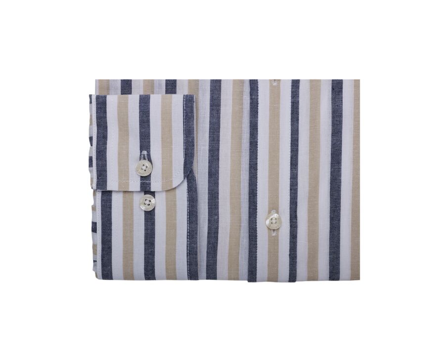 Navy and Dark Beige Cotton Linen Shirt - French Collar - SIMONIN