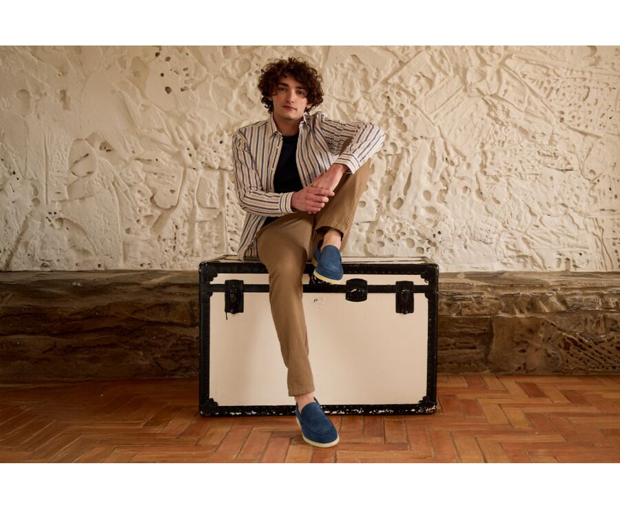 Navy and Dark Beige Cotton Linen Shirt - French Collar - SIMONIN