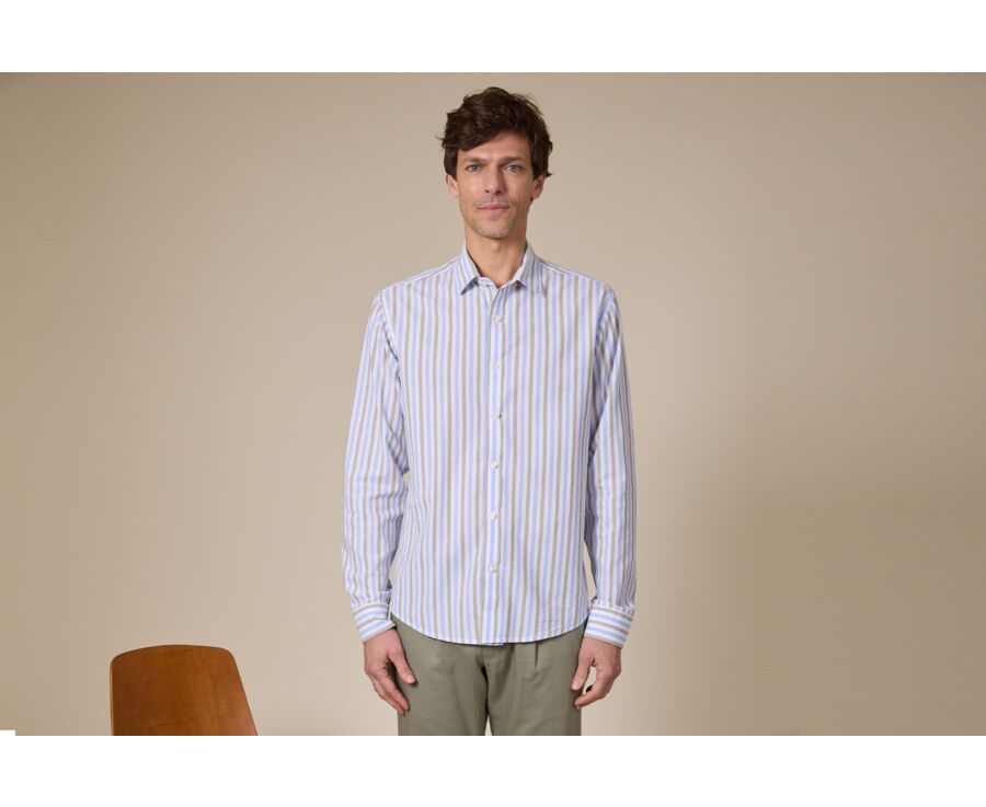 Sky Blue and Sage Green Cotton Linen Shirt - French Collar - SIMONIN