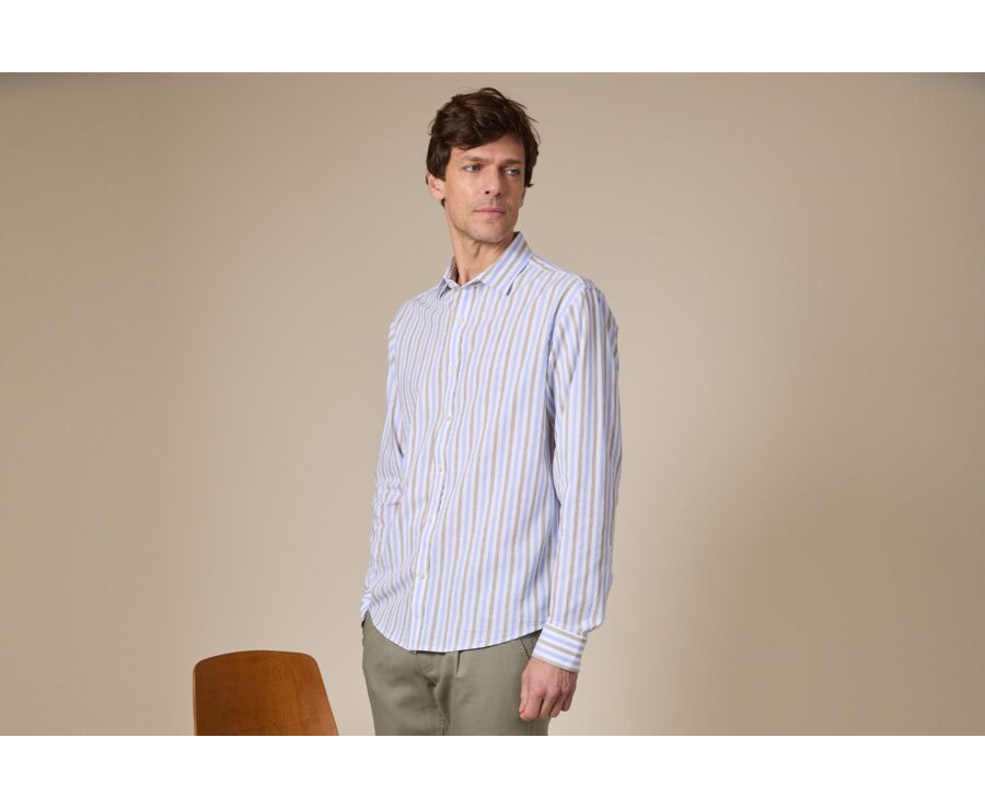 Sky Blue and Sage Green Cotton Linen Shirt - French Collar - SIMONIN