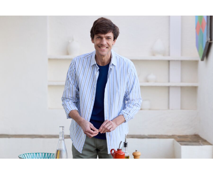 Sky Blue and Sage Green Cotton Linen Shirt - French Collar - SIMONIN