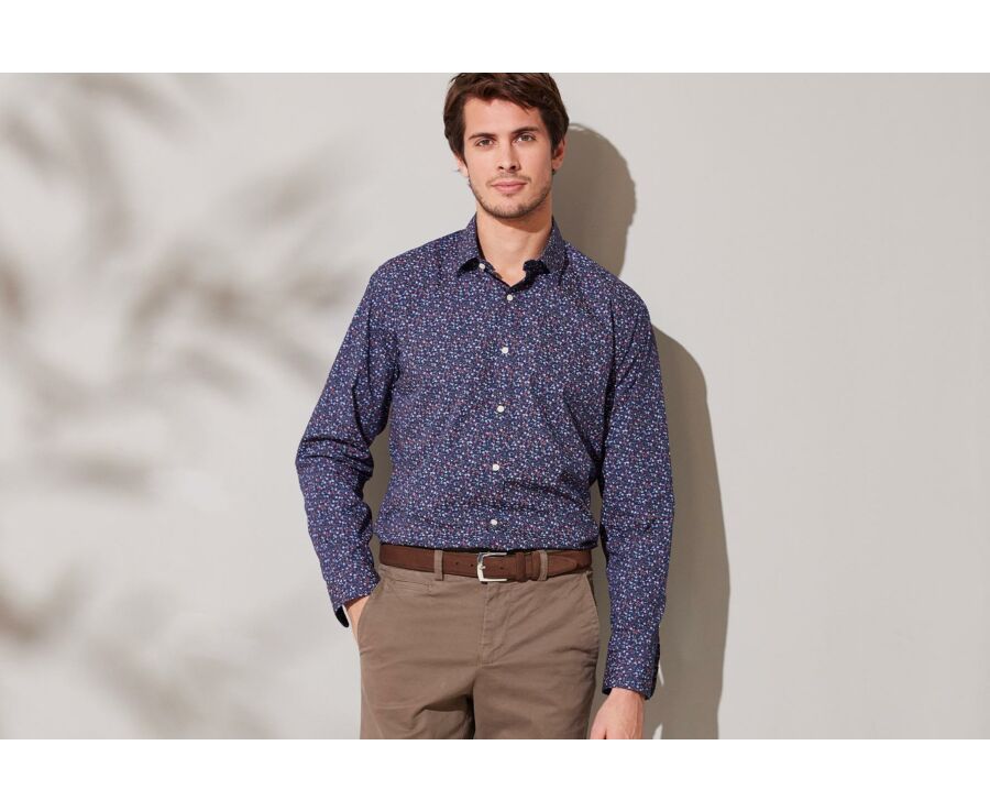 Dark Blue cotton shirt with blue and red floral print - GASSIEN