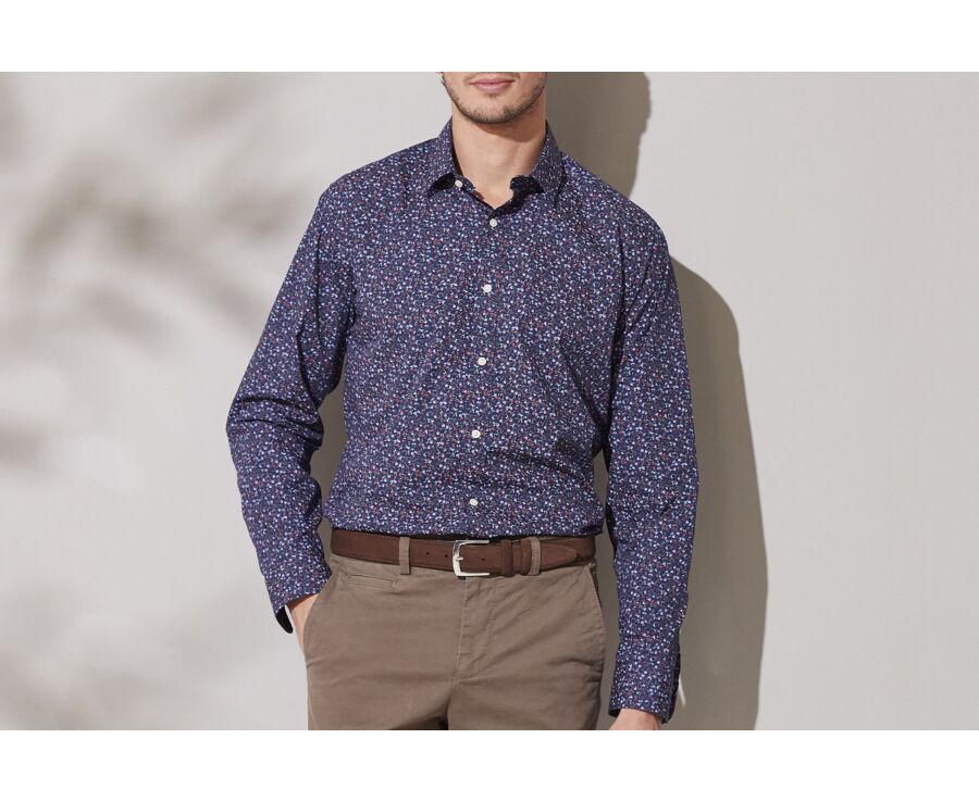 Dark Blue cotton shirt with blue and red floral print - GASSIEN