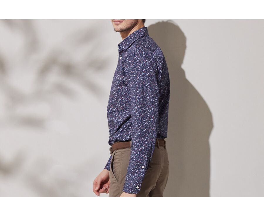 Dark Blue cotton shirt with blue and red floral print - GASSIEN