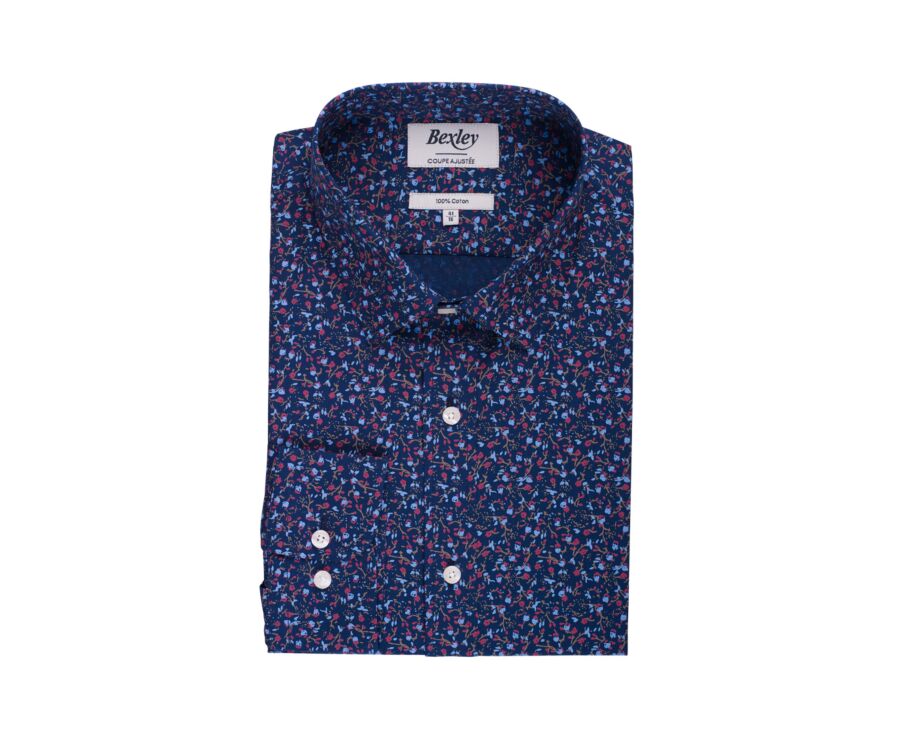 Dark Blue cotton shirt with blue and red floral print - GASSIEN