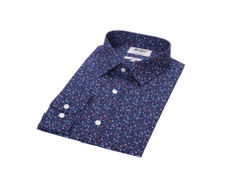 Dark Blue cotton shirt with blue and red floral print - GASSIEN
