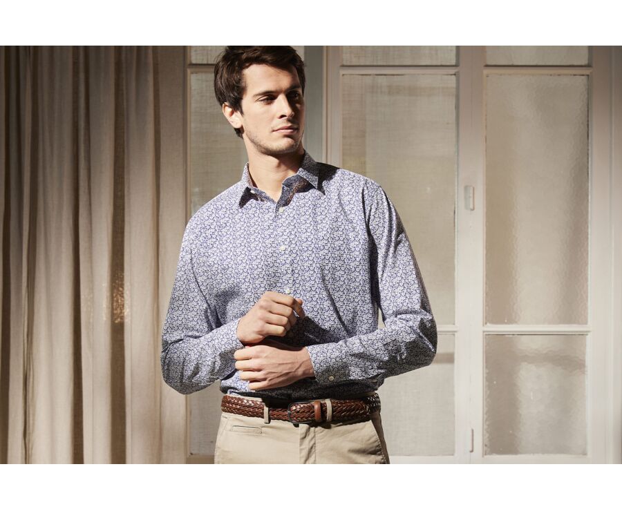 Blue cotton shirt with white flowers print - MARCOLIN