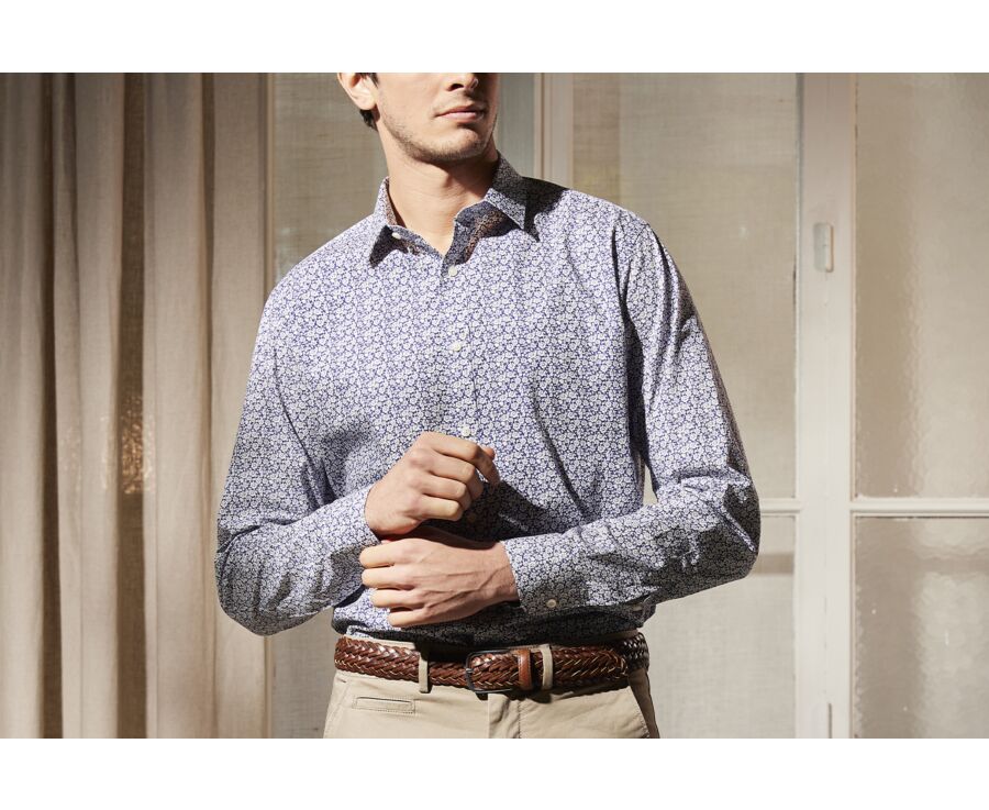 Blue cotton shirt with white flowers print - MARCOLIN