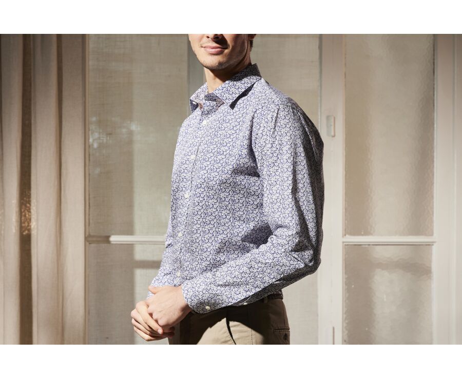 Blue cotton shirt with white flowers print - MARCOLIN