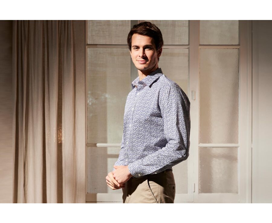 Blue cotton shirt with white flowers print - MARCOLIN