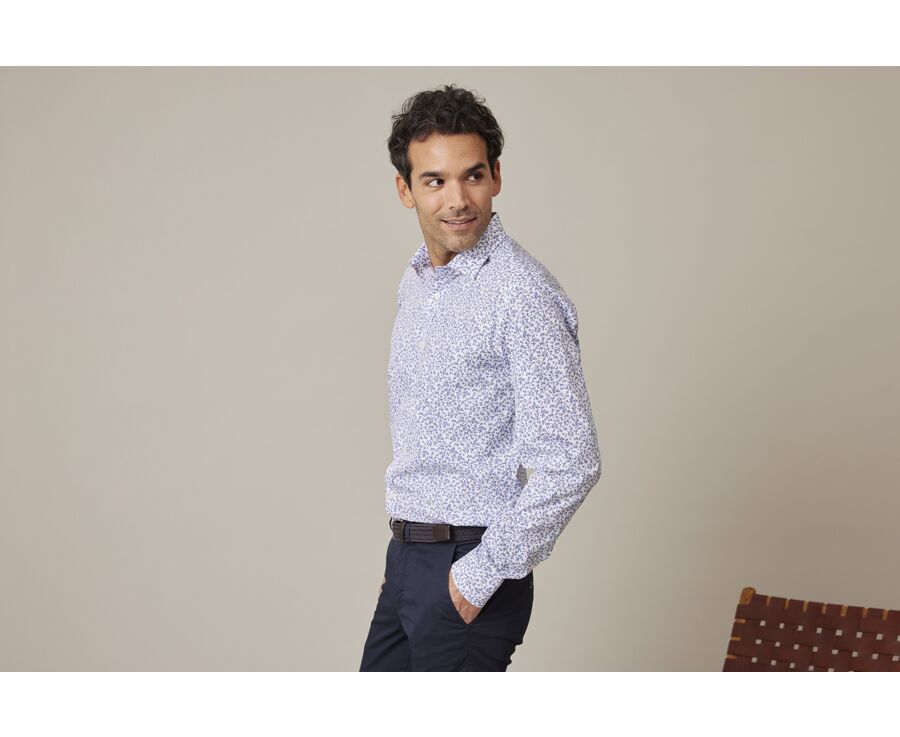 White cotton shrt with blue floral print - ELDORIC