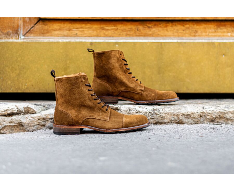 Cognac Suede Lace up Derby Boots Enfield Patin Bexley