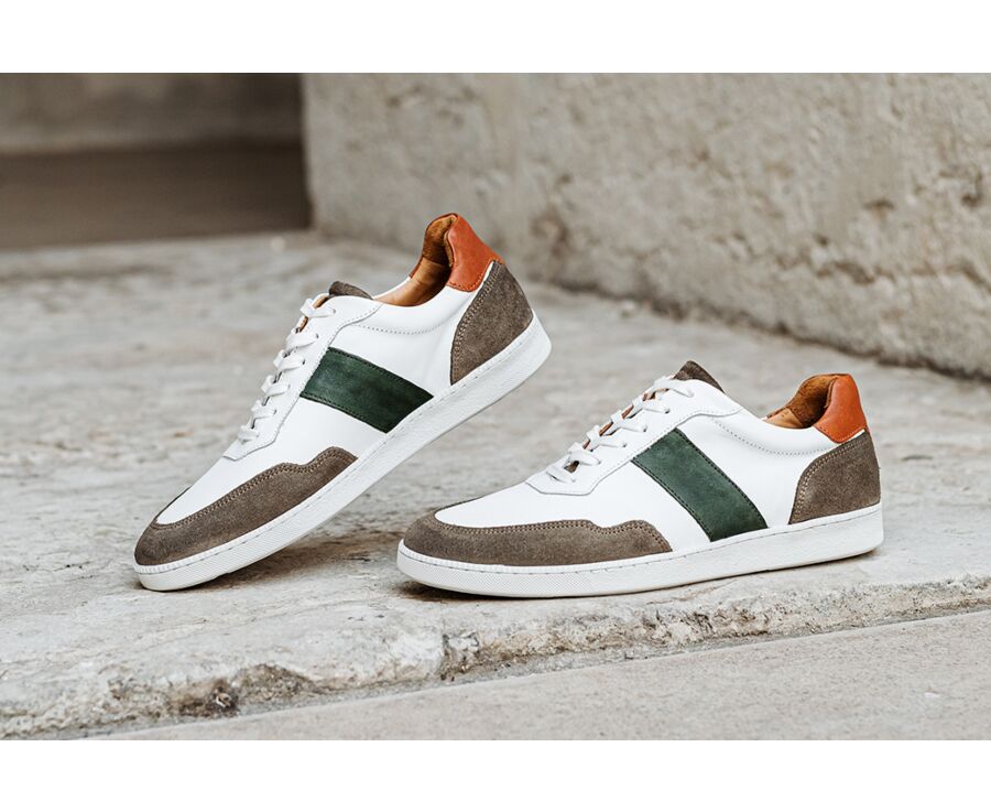 White Taupe and Green Men's leather Trainers - BERRINGA