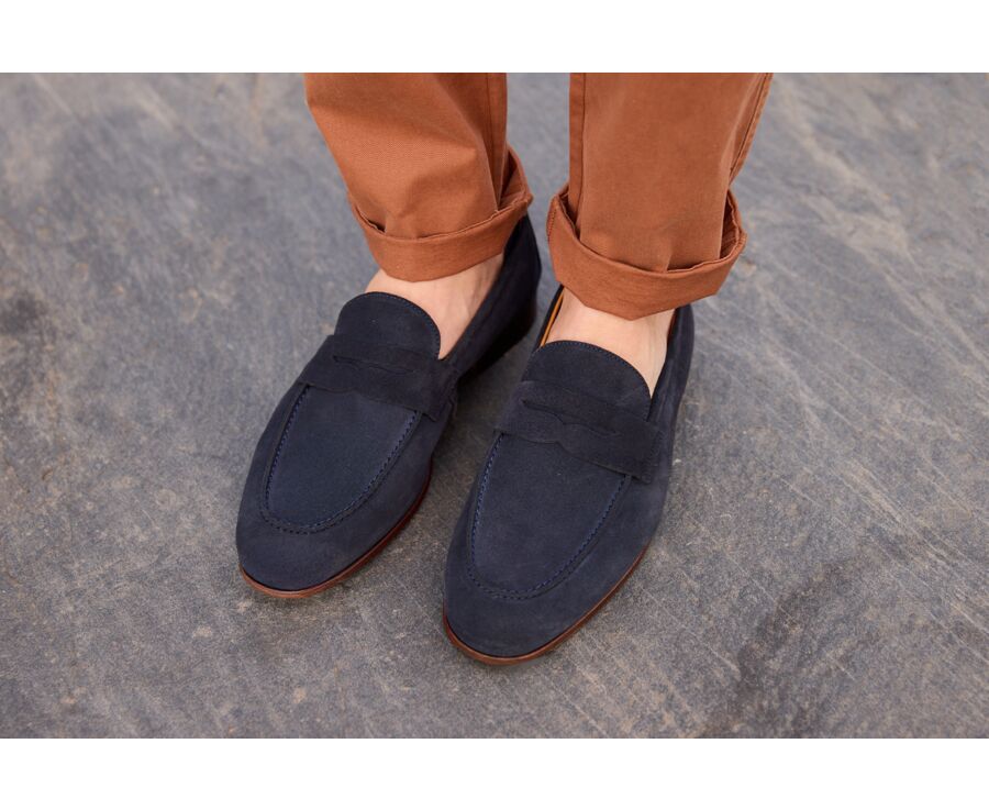 Navy Suede Men's penny Shoes - CEVIO