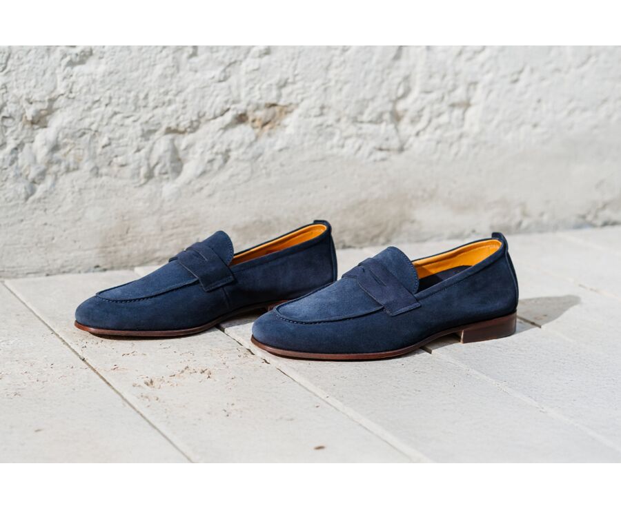 Navy Suede Men's penny Shoes - CEVIO