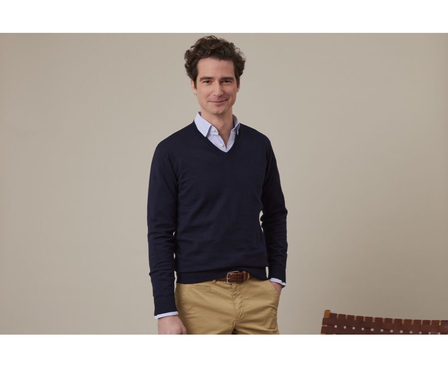 Navy  Melange organic cotton/cashmere thin v-neck jumper - VALTON