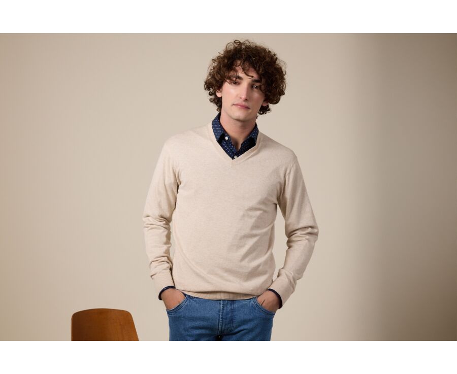 Slim Men's Sweater with V-Neck, Organic Cotton/Cashmere, Light Beige Heathered - VALTON