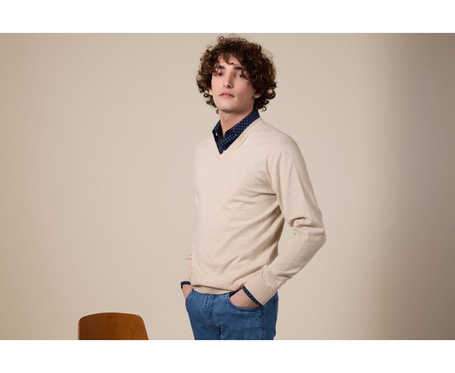 Slim Men's Sweater with V-Neck, Organic Cotton/Cashmere, Light Beige Heathered - VALTON