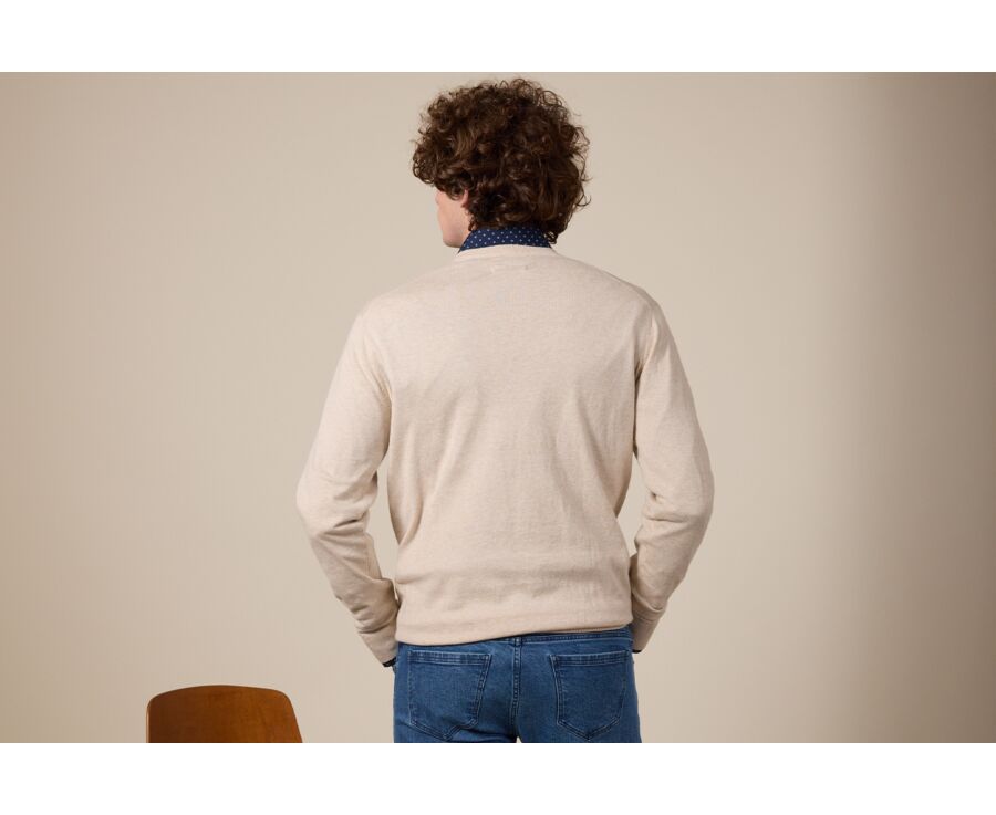 Slim Men's Sweater with V-Neck, Organic Cotton/Cashmere, Light Beige Heathered - VALTON