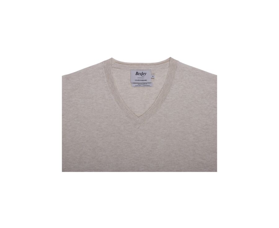 Slim Men's Sweater with V-Neck, Organic Cotton/Cashmere, Light Beige Heathered - VALTON