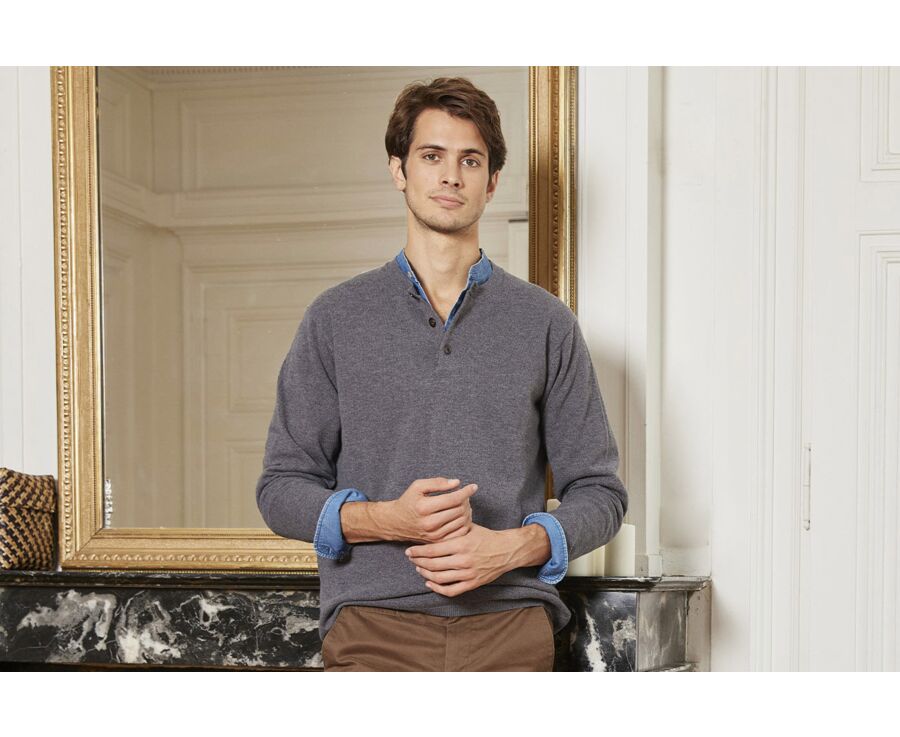 Middle Grey Melange henley style wool jumper - CULIAN