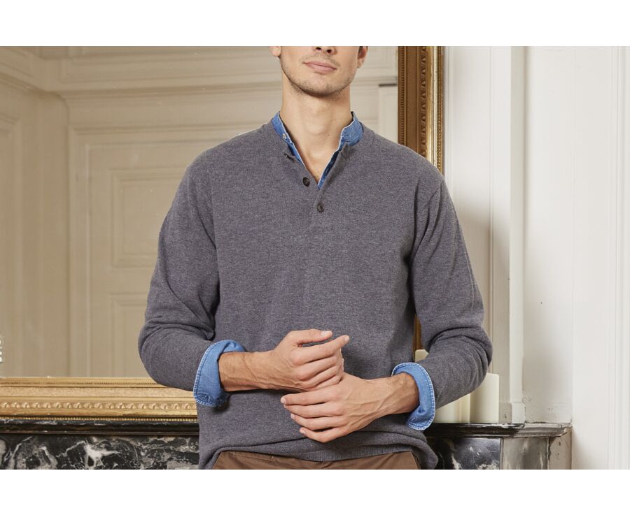 Middle Grey Melange henley style wool jumper - CULIAN