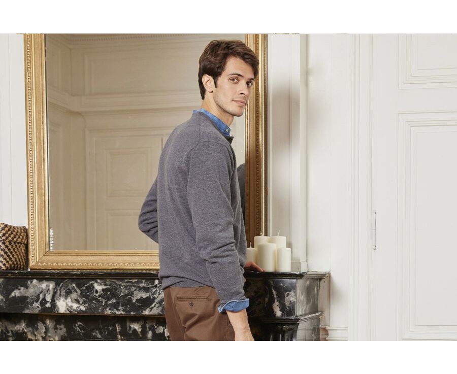 Middle Grey Melange henley style wool jumper - CULIAN
