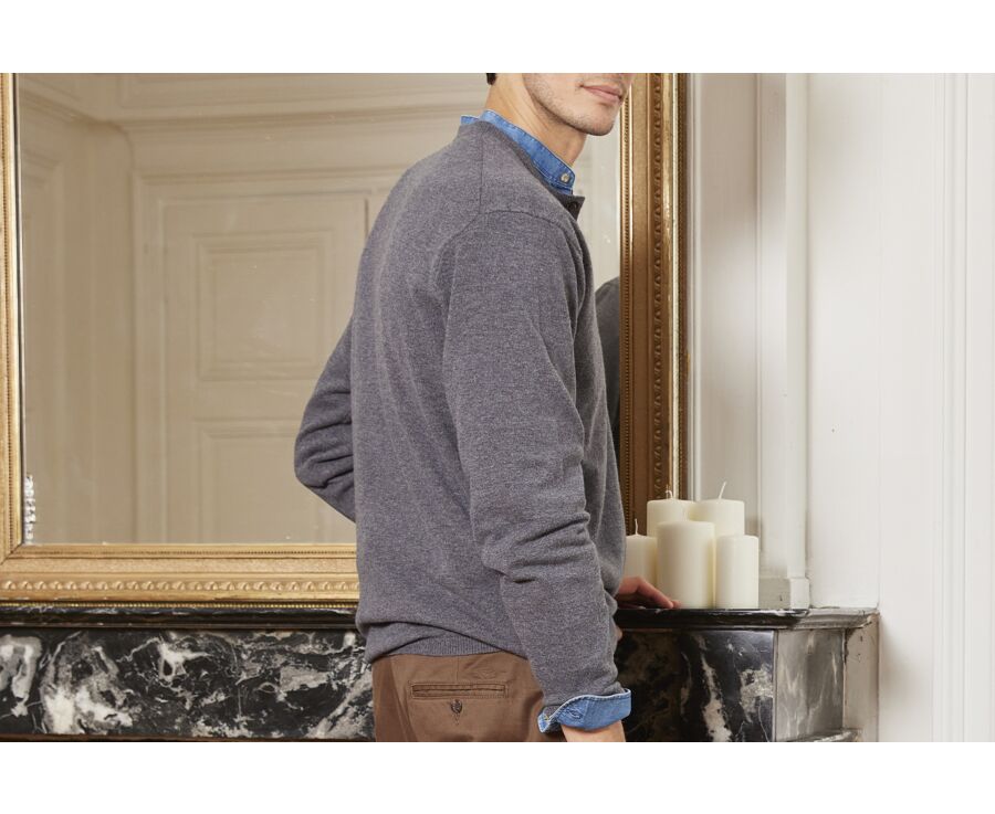 Middle Grey Melange henley style wool jumper - CULIAN