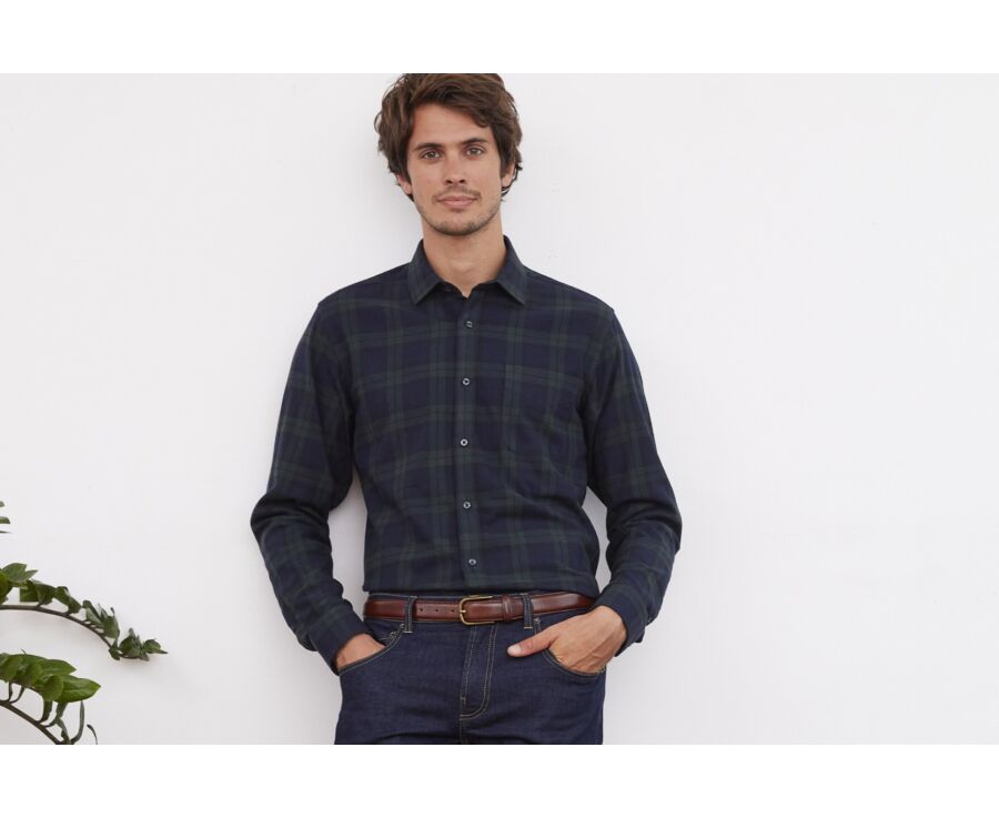 Navy Flannel shirt with dark green checks - CÉCILIEN
