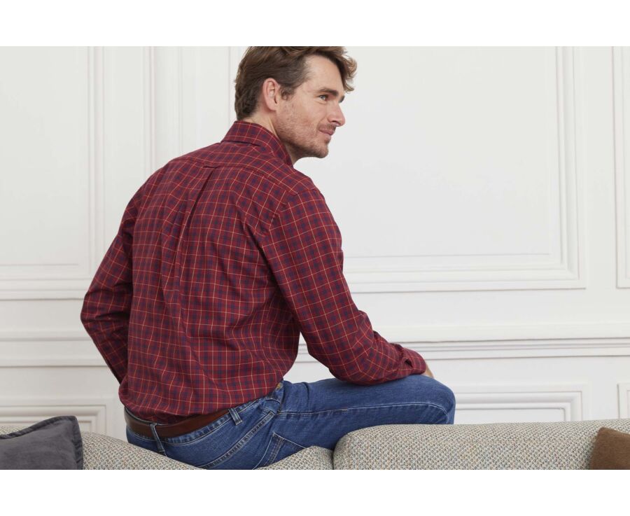 Dark Red Flannel shirt with navy gold checks Farlow Bexley