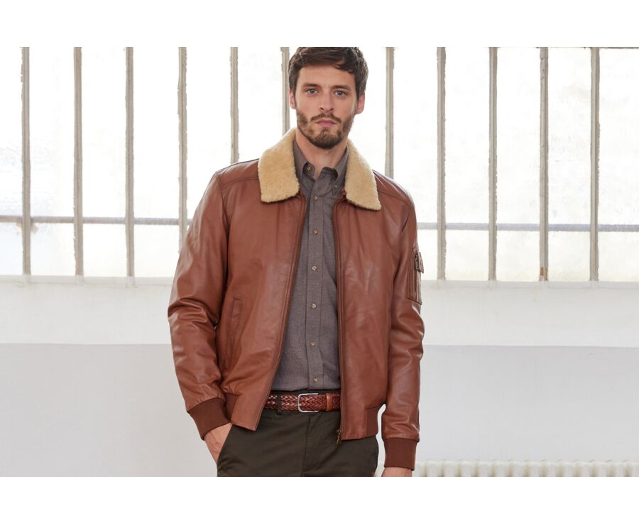 Cognac Leather Aviator Jacket - EVERETT II