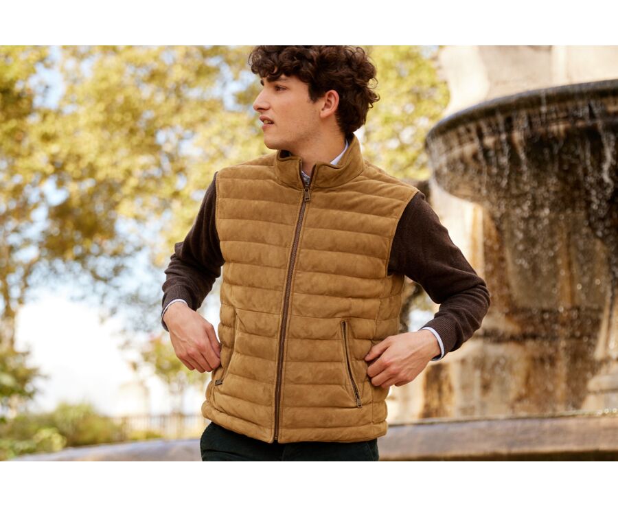 Hazelnut leather sleeveless Down Jacket - NIKLAS
