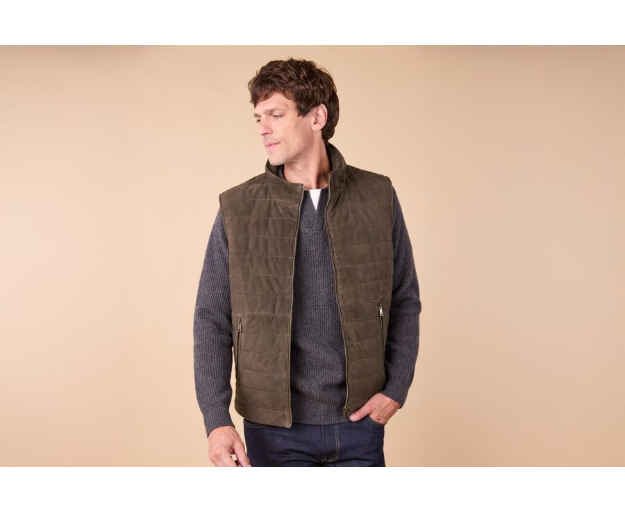 Khaki Suede sleeveless Down Jacket - NIKLAS